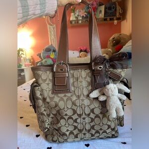 Coach Brown Signature Canvas Tote with Leather Trim